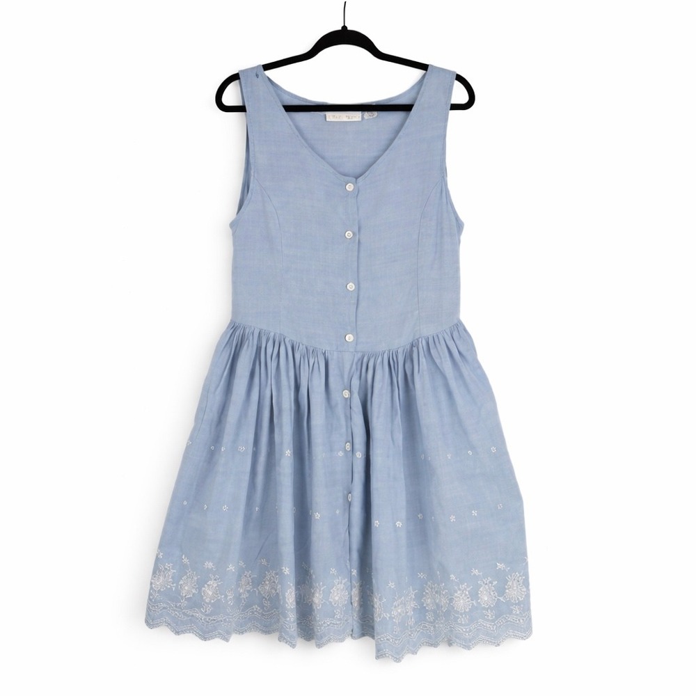 Vintage Passports Blue Embroidered Sleeveless Fit & Flare Dress Size L